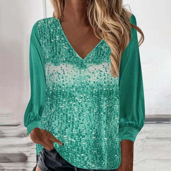 Aboser Womens Sequin Tops V Neck Sparkly Shirts Loose Long Sleeve Blouse Fashion Party Tunics Top Dressy Casual Shimmer Glitter Shirt