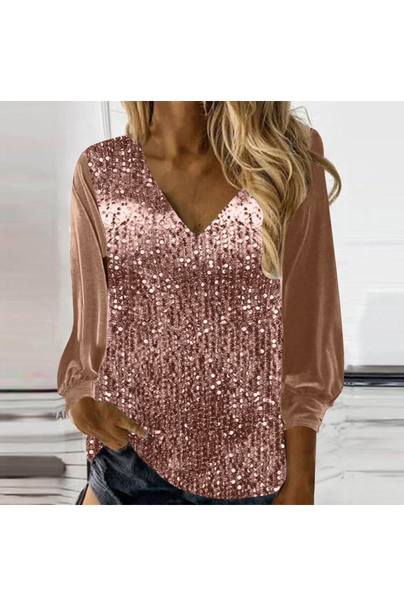 Womens Sequin Tops V Neck Sparkly Shirts Loose Long Sleeve Blouse Fashion Party Tunics Top Dressy Casual Shimmer Glitter Shirt