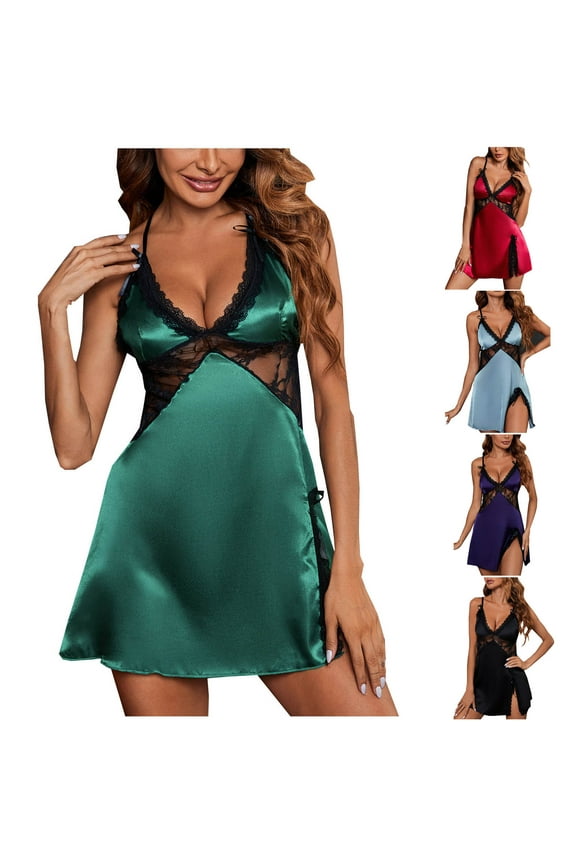 Womens Sexy Lingerie Nightgowns Silky Satin Sleep Night Dress Mesh Sheer Lace Negligee Short Chemise Sleepwear