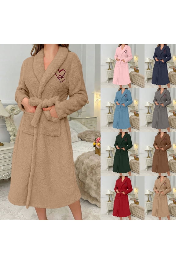 Womens Shawl Collar Robes Fuzzy Fleece Winter Bathrobes Warm Soft Midi Length Sleepwear Comfy Long Sleeve Nightgowns with Pockets Khaki M