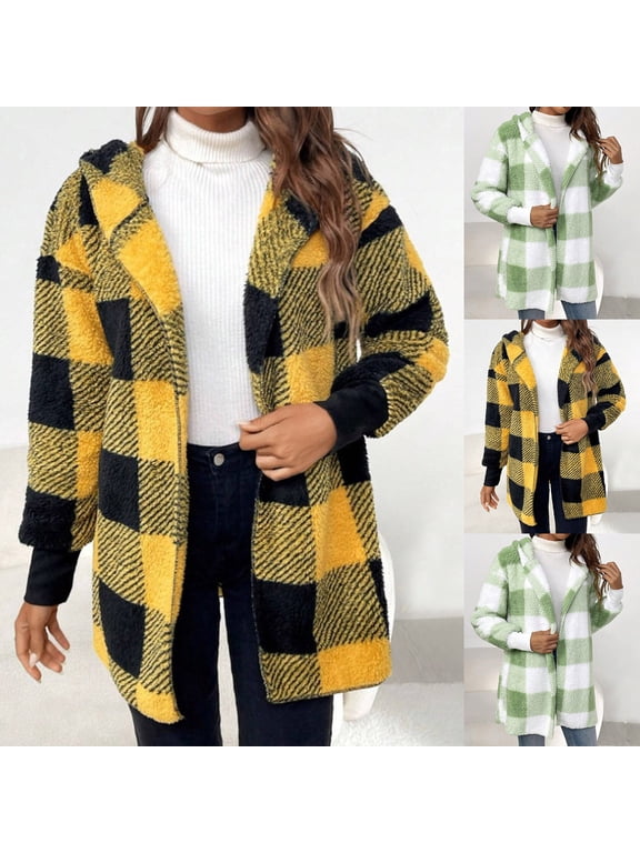 Womens Sherpa Jackets Fuzzy Open Front Cardigan Warm Fleece Hooded Shackets Fashion Plaid Jacket Coat Plush Long Sleeve Outerwear