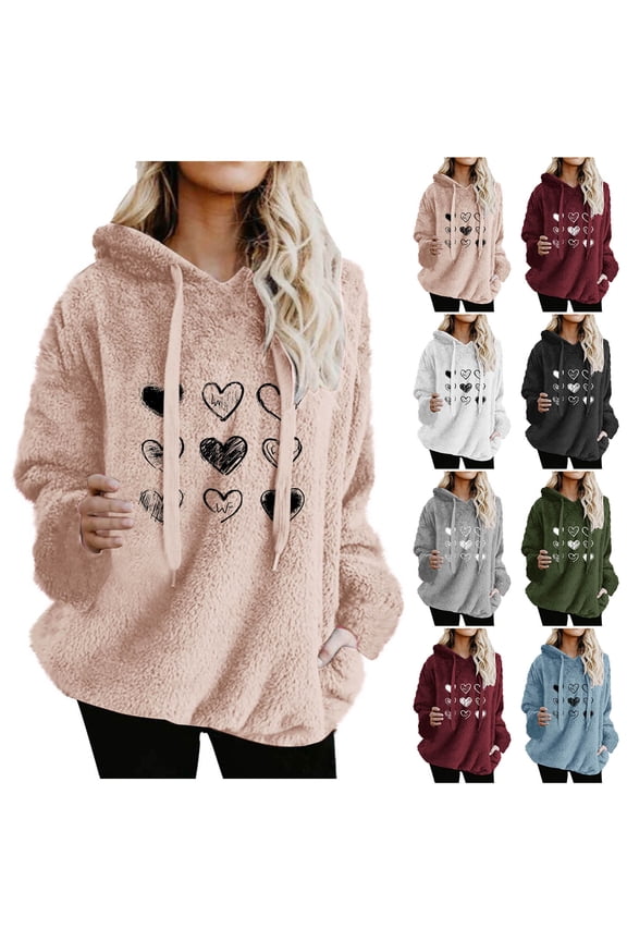 Womens Sherpa Lined Flannel Hoodie Fuzzy Fleece Sweatshirt Trendy Heart Graphic Shirts Winter 2026 Warm Plush Pullover Tops Loose Casual Hoodies with Pockets