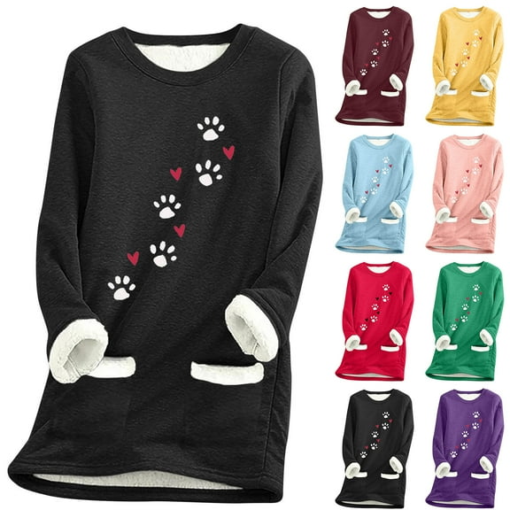 Aboser Womens Sherpa Lined Sweatshirt Thermal Fleece Long Sleeve Loungewear Cute Cat Claw Printed Pullover 2026 Winter Warm Outdoor Jacket Tops with Pockets