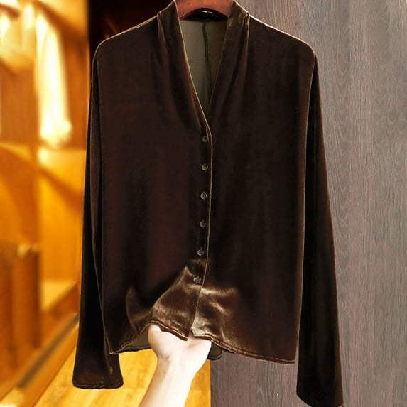 Aboser Womens Shirts Plus Size Velvet Blouse Business Casual Tops Soft Long Sleeve Shirt Cozy Velour Button Down Blouses Elegant V Neck Tee Shirt