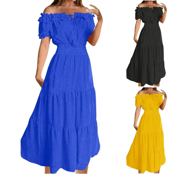 Aboser Womens Short Sleeve Maxi Dresses for Beach Vacation Off the Shoulder Boho Dress Elegant Empire Waist Dresses Flowy A Line Long Dress Trendy Ruffle Hem Dresses