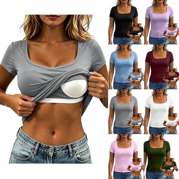Aboser Womens Short Sleeve Shirts with Built in Bras Padded Square Neck Basic Tees Soft Casual Layering Tops Going Out Clothes