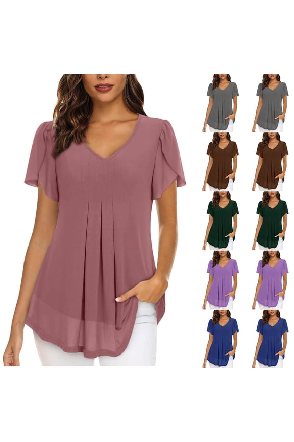 Womens Short Sleeve Tunic Tops Flowy Chiffon Shirts Dressy Casual V Neck Blouses Double Layers Work Shirt Lightweight Loose Fit Tunics