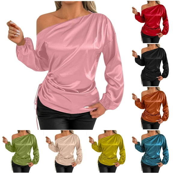 Aboser Womens Off Shoulder Shirts Trendy Silky Satin Shirt Ruched Long Sleeve Blouses Dressy Casual Party Club Blouse Loose Fits Semi Formal Tops Black L