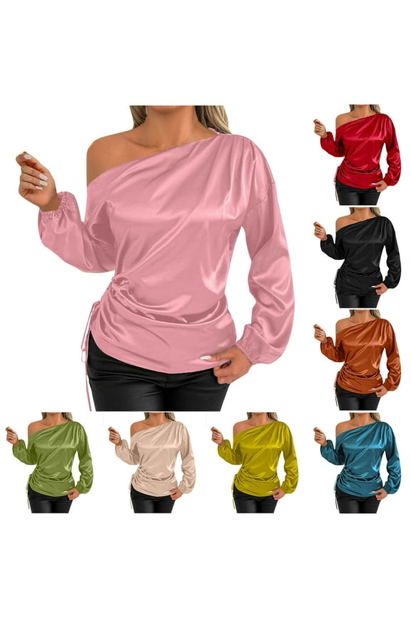 Womens Off Shoulder Shirts Trendy Silky Satin Shirt Ruched Long Sleeve Blouses Dressy Casual Party Club Blouse Loose Fits Semi Formal Tops Black XL