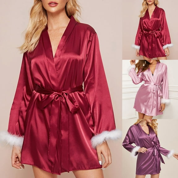 Aboser Womens Silk Robes with Fuzzy Trim Elegant Silky Satin Bathrobes Soft Long Sleeve Sleepwear Cozy Casual Short Robe 2025 Pink XXL