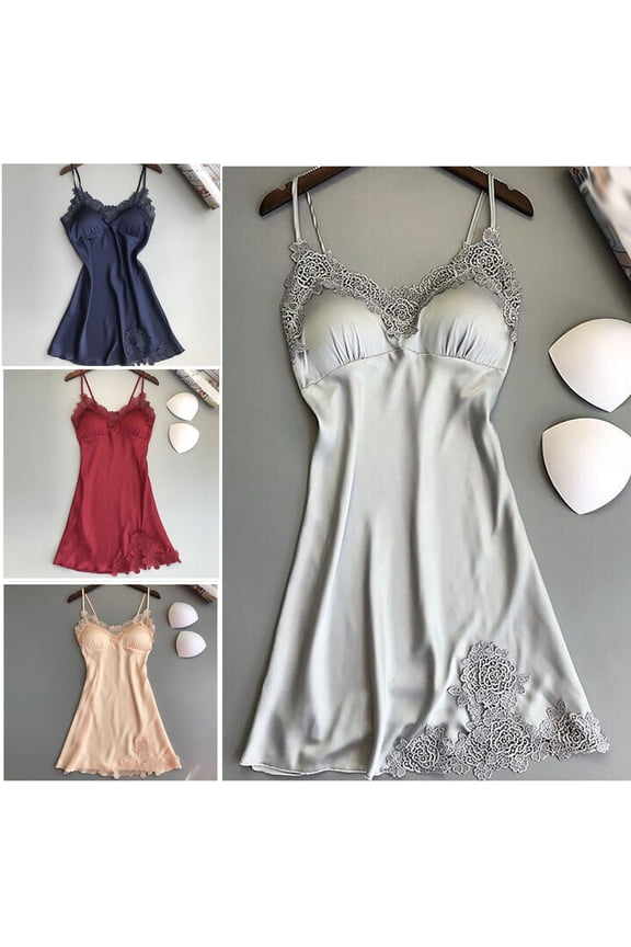 Womens Silk Satin Nightgowns Deep V-Neck Babydoll Sleepwear Elegant Lace Trim Chemise Nightshirt Sexy Mini Pajama Dress Skinny Open Back Negligee