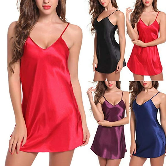 Aboser Womens Silk Satin Nightgowns Thin Spaghetti Strap Chemise Sleepshirts Full Slips Loungewear Cozy Soft V Neck Mini Pajama Dress