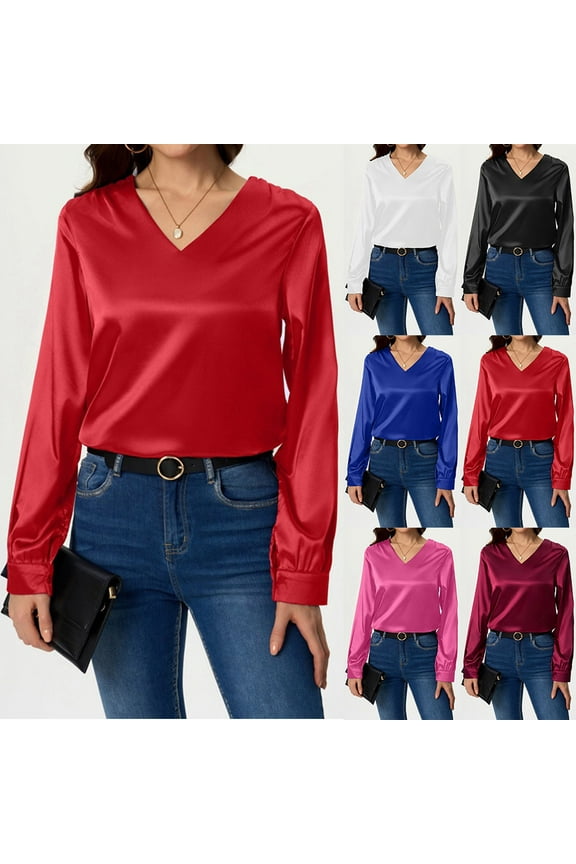 Womens Silk Satin Shirts Business Casual V Neck Blouses for Work Office Dressy Long Sleeve Shirt Lightweight Loose Fit Blouse Tops Black XXL