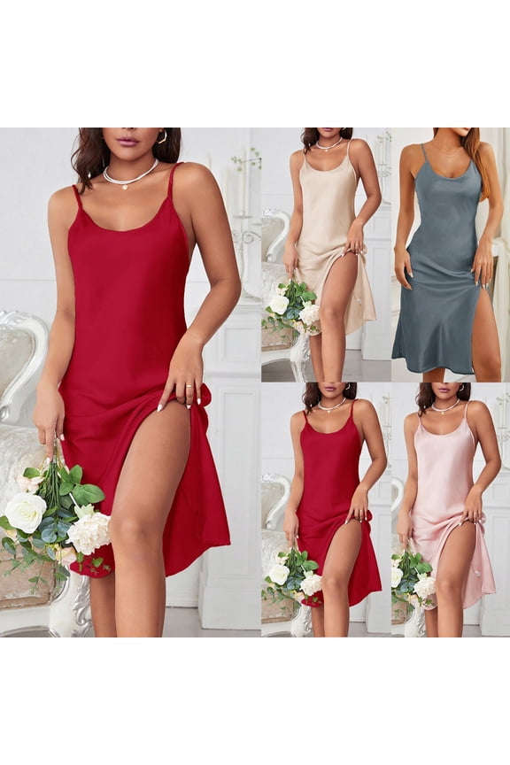Womens Silky Satin Chemise Nightgowns Sexy High Split Sleepdress Spaghetti Strap Lingerie Dress Cozy Soft Sleeveless Sleepwear Nightshirt