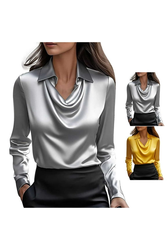 Womens Silky Satin Collar Blouses Draped Ruched Front Shirts Long Sleeve Blouse Elegant Evening Party Tops Semi Formal Shirt for Ladies Gray S