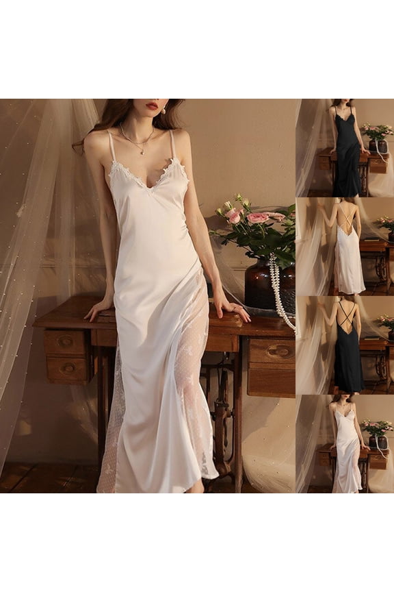 Womens Silky Satin Nightgowns Sleeveless V Neck Loungewear Spaghetti Strap Chemise Sleepwear Full Slip Long Night Dress Soft Cozy Backless Lingerie Sleepshirts