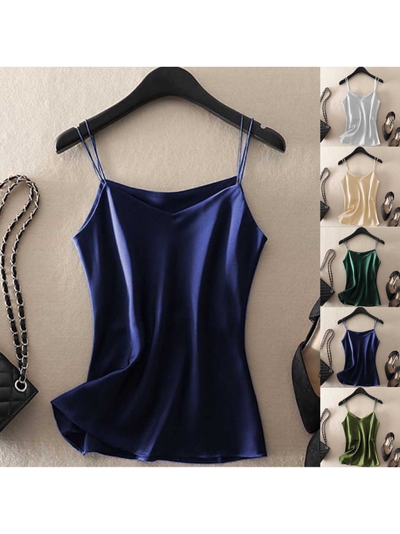 Womens Sleeveless Camisole Plus Size Spaghetti Strap Tank Tops Y2k Clothes Smoothly Silk Satin Cami Top Solid Color V Neck Layering Shirts