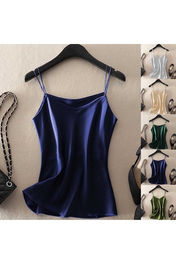 Womens Sleeveless Camisole Plus Size Spaghetti Strap Tank Tops Y2k Clothes Smoothly Silk Satin Cami Top Solid Color V Neck Layering Shirts