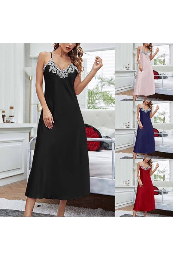 Womens Sleeveless Lingerie Nightgowns V-Neck Lace Sleep Dress Soft Silk Satin Babydoll Chemise Loungewear Loose Fit Full Slips Under Dresses