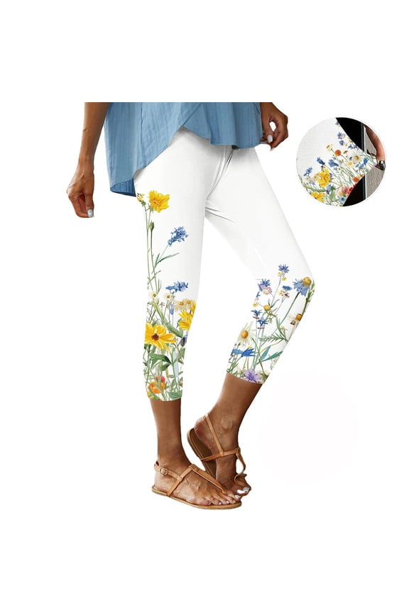 Womens Slim Fitted Capri Leggings Stretch Comfy Dailywear Tummy Control Yoga Pants Casual Floral Print Workout Leggings for Women