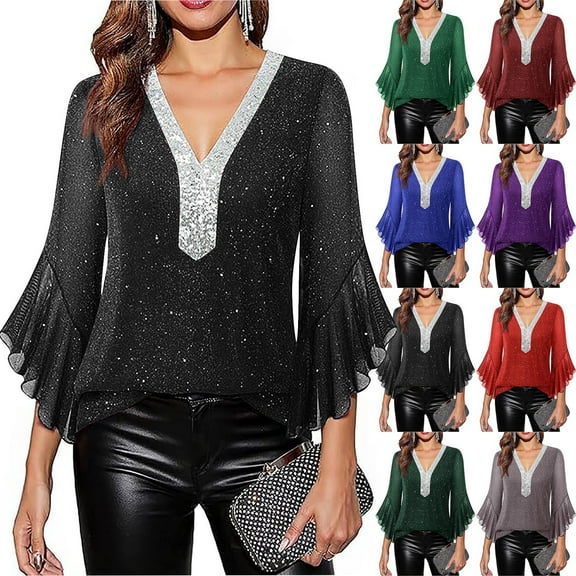 Aboser Womens Sparkly Glitter Blouse for Evening Party Cocktail Shirts Elegant Ruffled 3/4 Sleeve Tunic Tops Dressy Casual Chiffon Blouses Double Layers V Neck Shirt