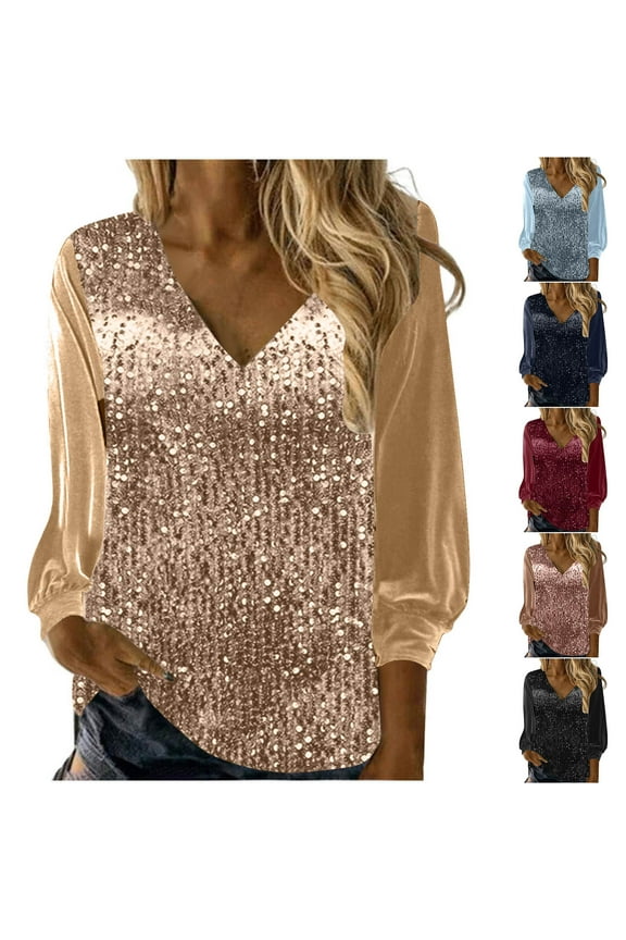 Womens Sparkly Sequin Shirts Party Evening Semi Formal Shirt Dressy Casual Velvet Shimmer Blouses Elegant V Neck Tops Loose Fit Long Sleeve Blouse Beige XL