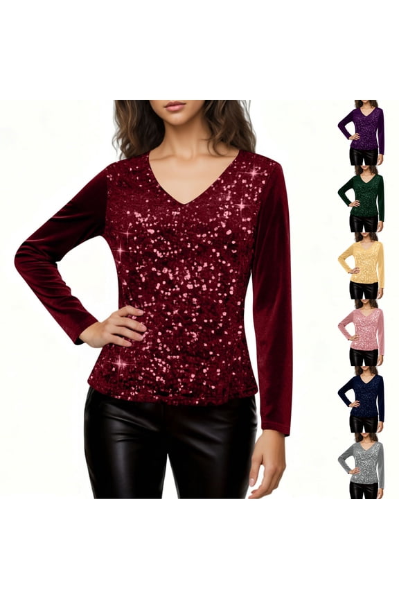 Womens Sparkly Sequin Velvet Tops for Evening Party Night Out Shirts Trendy Shimmer Glitter Pullover Top Casual V Neck Tunic Shirt Loose Long Sleeve Velour Blouses