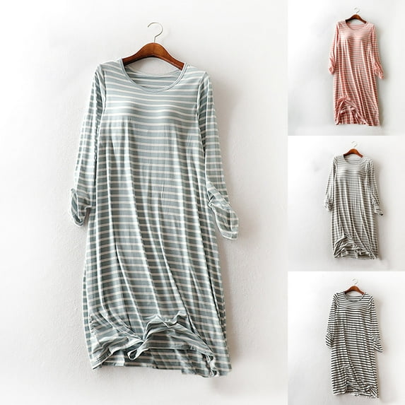 Aboser Womens Striped Nightshirts with Built in Bras Comfy Long Sleeve Loungewear Breathable Round Neck Sleepdress Loose Fit Modal Nightgown