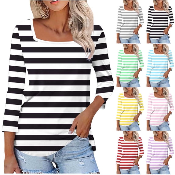 Aboser Womens Striped Print T Shirts 3/4 Sleeve Fall Tops Comfy Square Neck T-Shirt Casual Basic Shirts Plus Size Going Out Blouses 2026