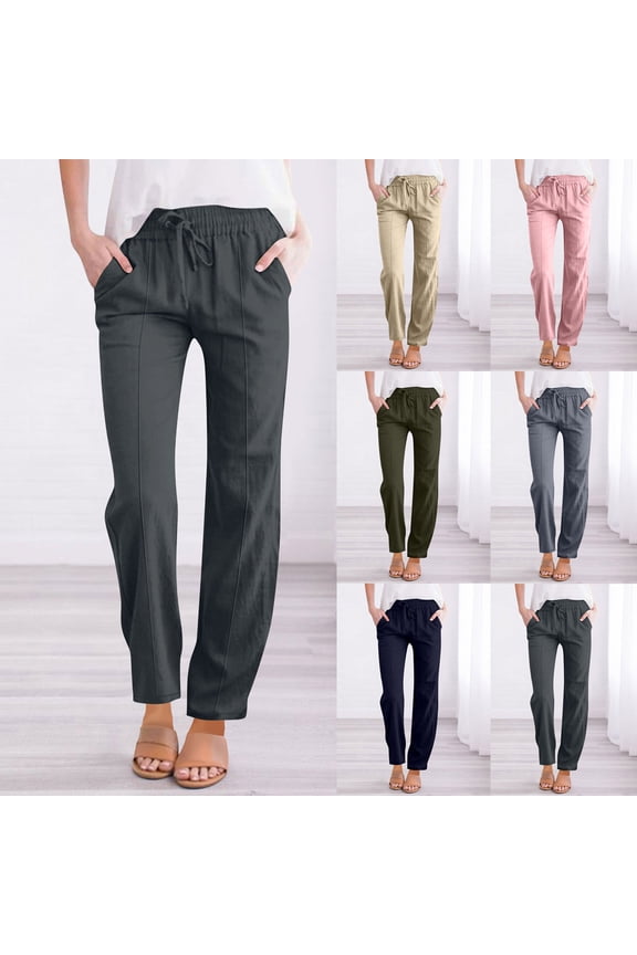 Womens Summer Gauze Pants Dressy Cotton Linen Lounge Pants Drawstring Elastic Waisted Trousers Lightweight Straight Leg Long Pants with Pockets