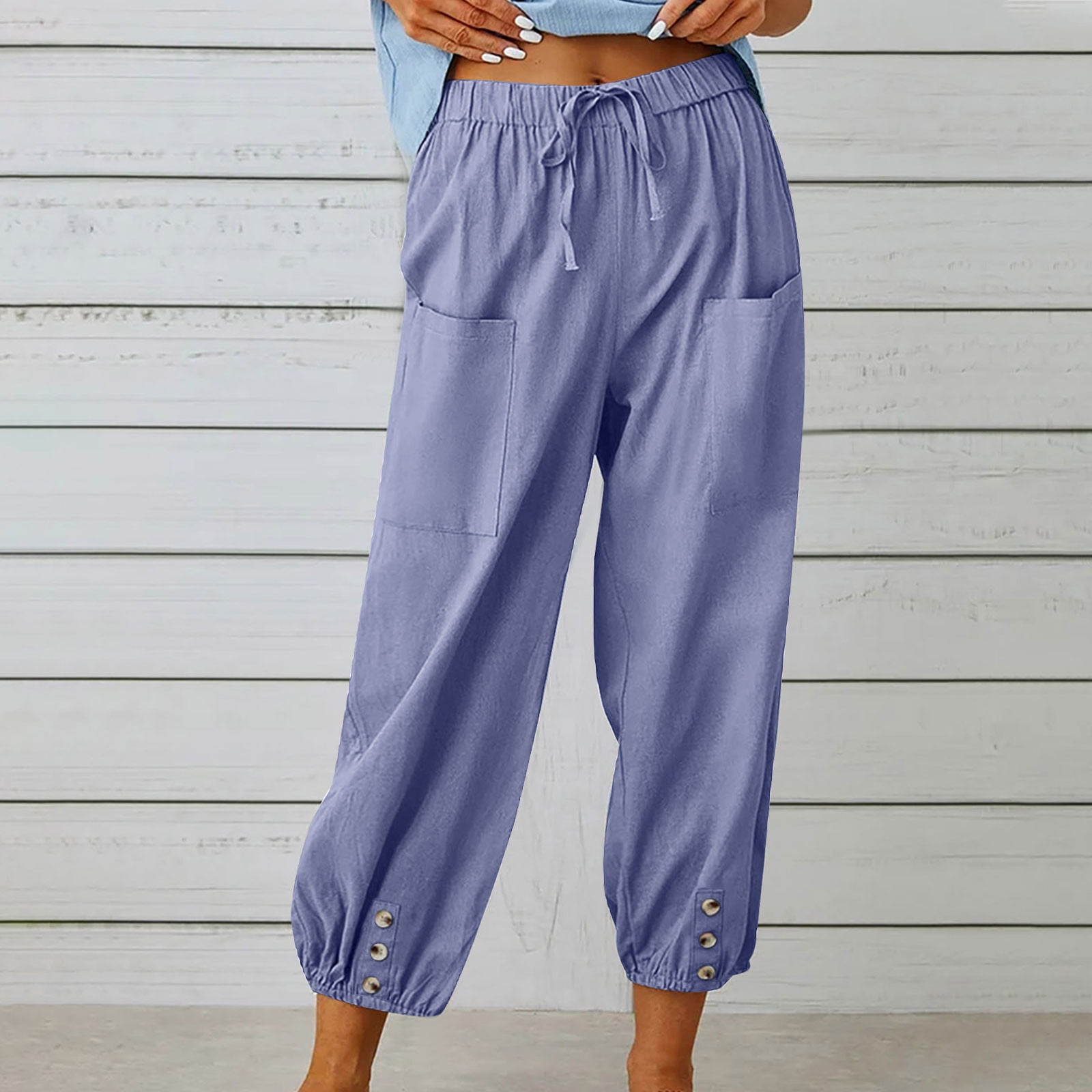 Formal Pants for Women Womens Flower Prinnted Linen Capri Pants Elastic  Waist Summer Cropped Trousers With Pockets Summer Women 
