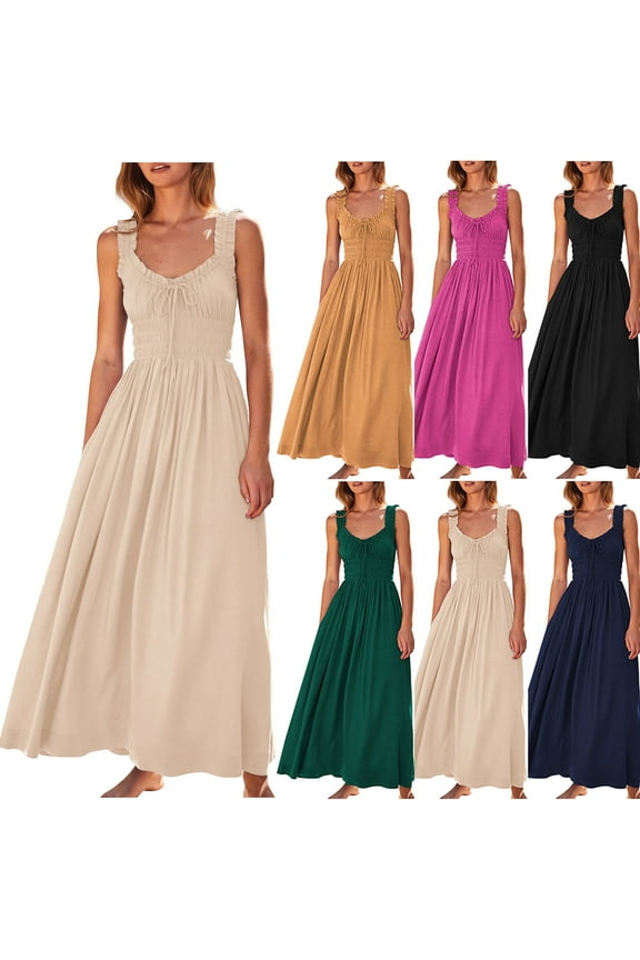 Womens Summer Maxi Dresses for Beach Vacation Boho Dress Elegant Empire Waist Wrap Dresses Trendy Casual Sleeveless Sundress Flowy A-Line Dress