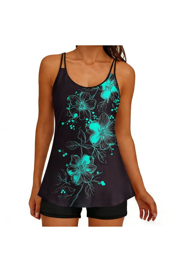 Womens Summer Modest Tankini Swimsuits with Shorts Boho Floral Printed Beachwear Tummy Control 2 Piece Bathing Suit Push Up Blouson Swimsuit Black M