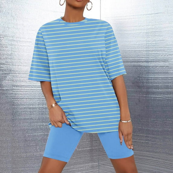 Aboser Womens Summer Pajama Sets Plus Size Striped Printing Sleepwear Oversized Tops with Shorts 2 Piece Pajamas Set for Women Comfy Soft Pj Sets Lounge Sets