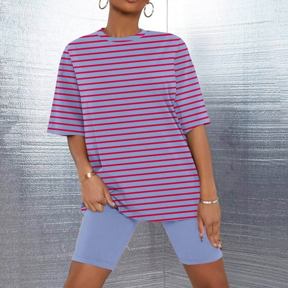 Aboser Womens Summer Pajama Sets Plus Size Striped Printing Sleepwear Oversized Tops with Shorts 2 Piece Pajamas Set for Women Comfy Soft Pj Sets Lounge Sets