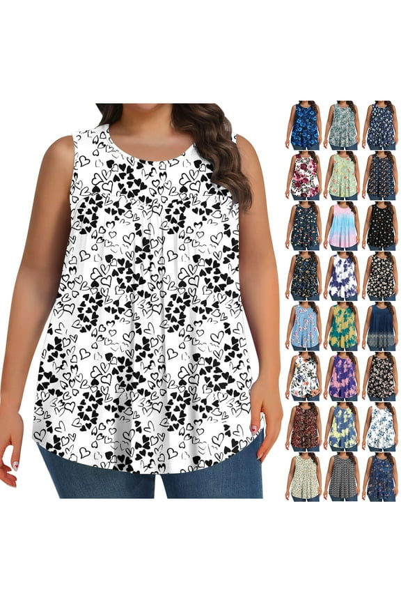 Womens Summer Sleeveless Tank Top Plus Size Sleeveless Tunic Shirt Cute Tops for Women 2026 Casual Printing Shirts Loose Fit Crewneck Blouses