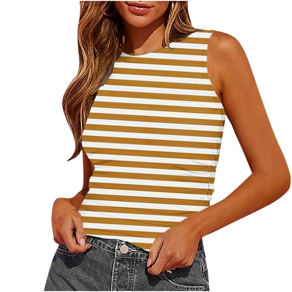 Aboser Womens Summer Tank Tops Trendy Striped Graphic Tees Slim Fit Sleeveless Tanks Y2k Crop Top Casual High Neck T-Shirt