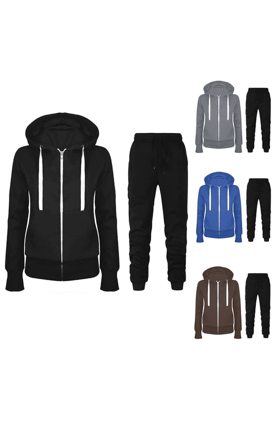 Womens Sweat Suits 2 Piece Athletic Outfits Workout Track Suit Zip Up Hoodies and Joggers Sweatpants Sets Solid Color Long Sleeve Fall Sets Black S