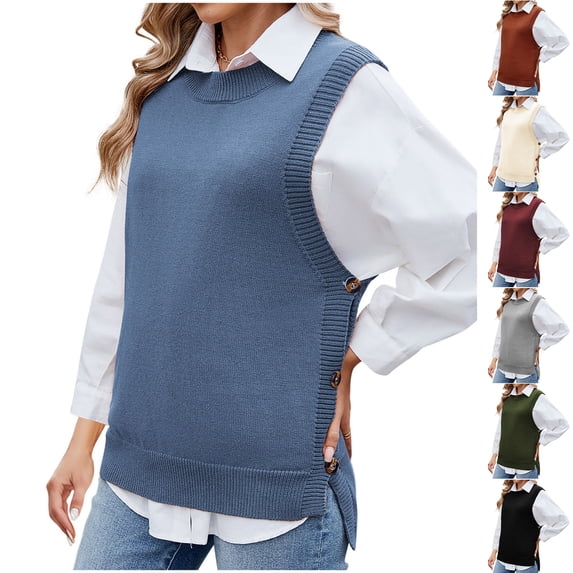 Aboser Womens Sweater Vest Sleeveless Crew Neck Sweaters Dressy Casual Workwear Cozy Side Button Knit Vests Soft Ribbed Edge Waistcoat Black M