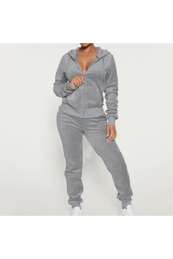 Womens Sweatsuit 2 Piece Set Velour Jogging Workout Sets Zip Up Long Sleeve Tracksuit Casual Elastic Waist Lounge Outfits with Pockets