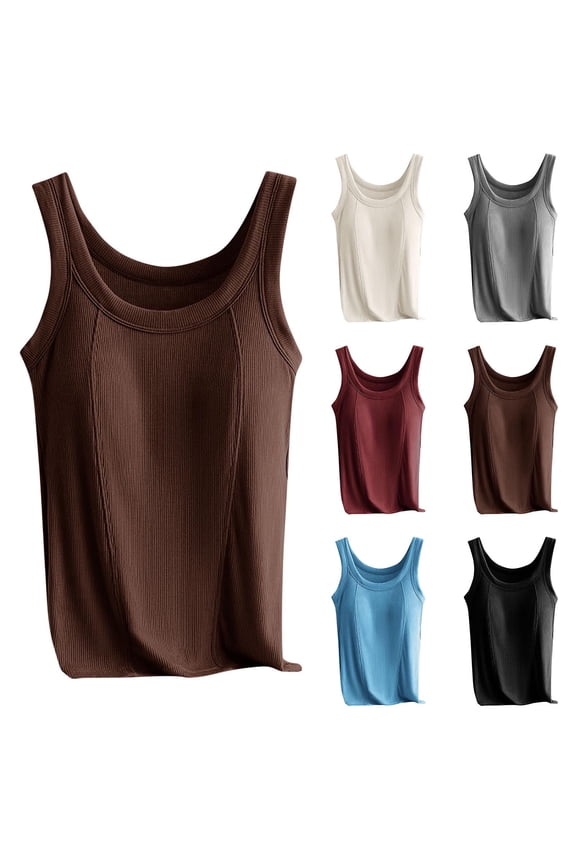 Womens Tank Tops with Built-In Bra Basic Camisole Stretchy Knitted Shirt with Chest Pads No Steel Ring Cup Shirts Wide Strap Yoga Workout Tanks