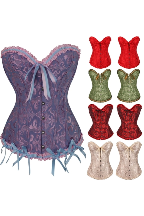Womens Tassels Bodice Corset Renaissance Victorian Bustier Tops Ruffle Trim Overbust Bodyshaper Lace Up Floral Waist Cincher
