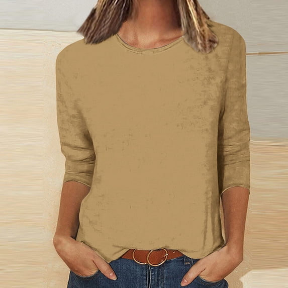 Aboser Womens Tops 3/4 Sleeve Loose Fit Fashion Waffle Basic Shirts Dressy Casual Solid Basic Shirt Summer Fall Round Neck Pullover Tees