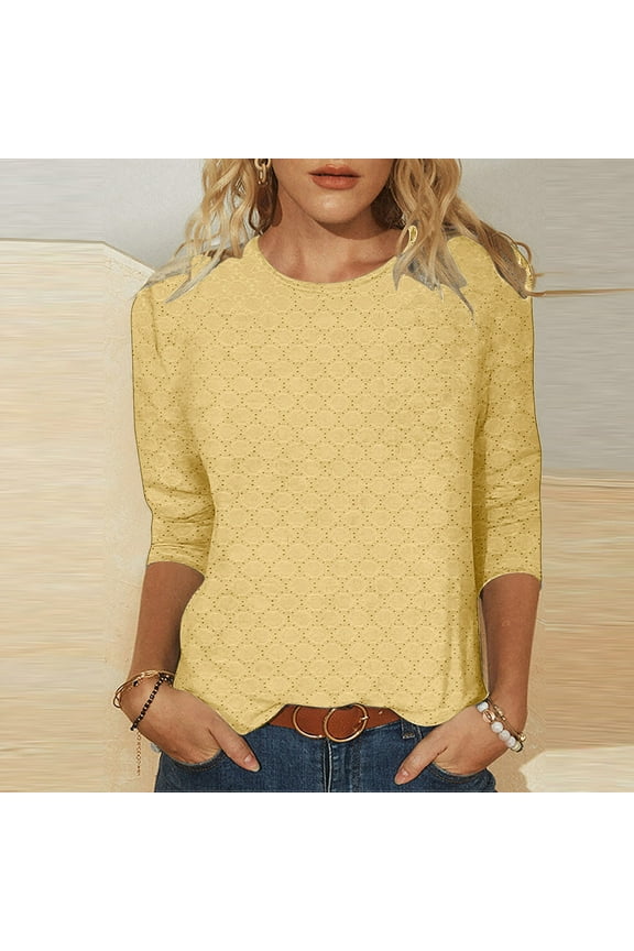Womens Tops 3/4 Sleeve Loose Fit Fashion Waffle Basic Shirts Dressy Casual Solid Basic Shirt Summer Fall Round Neck Pullover Tees