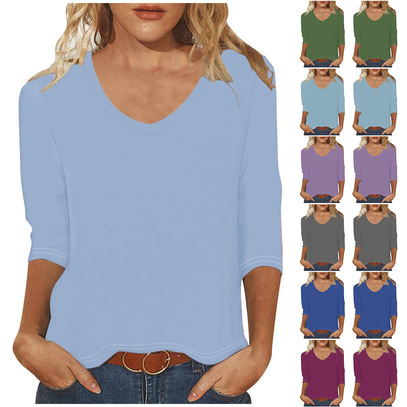 Aboser Womens Tops V Neck 3/4 Sleeve T-Shirts Dressy Casual Solid Color ...