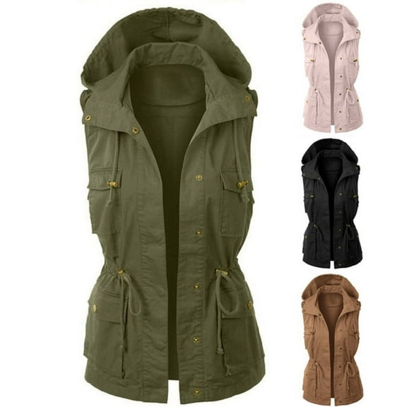 Aboser Womens Trench Jacket Plus Size Sleeveless Hooded Jackets Button Down Vests Outdoor Hiking Running Jacket Drawstring Hooded Cargo Coats with Pockets