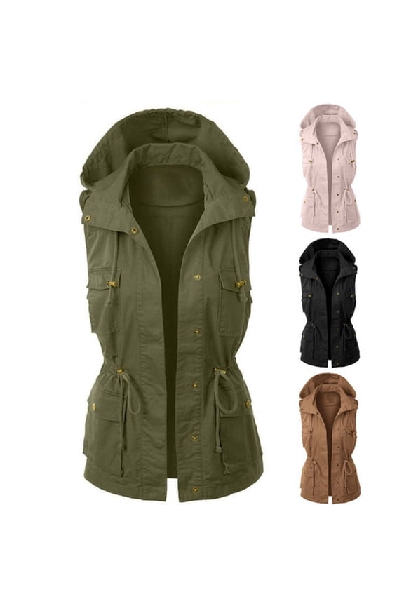 Womens Trench Jacket Plus Size Sleeveless Hooded Jackets Button Down Vests Outdoor Hiking Running Jacket Drawstring Hooded Cargo Coats with Pockets