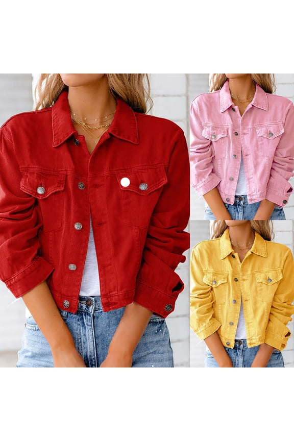 Womens Trendy Denim Jackets Y2k Cropped Jacket Cowgirls Jean Coats Casual Long Sleeve Jackets Lapel Button Down Jeans with Pockets