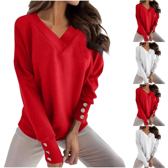 Aboser Womens Trendy V Neck Sweaters with Button Decor Dressy Casual Long Sleeve Pullover Tops Comfy Soft Knit Sweater Ladies Workwear Red L