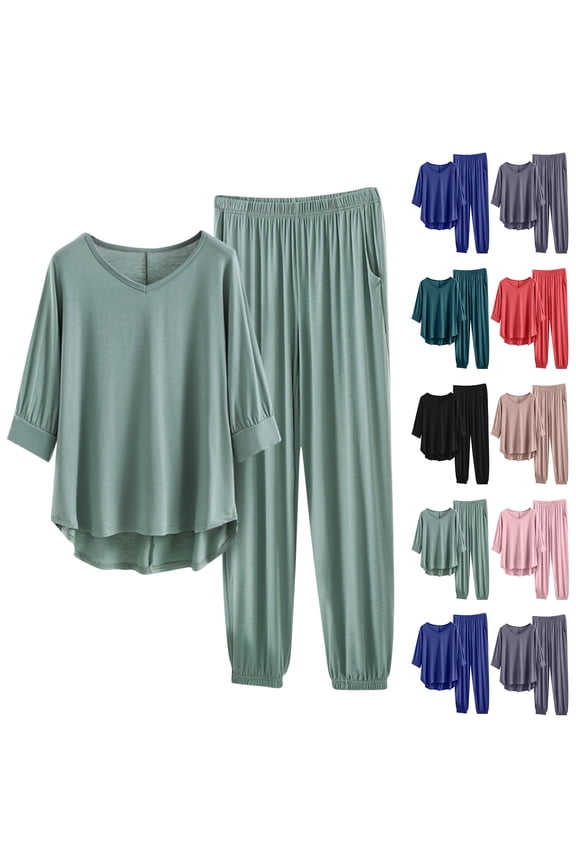 Womens Two Piece Loungewear Sets Half Sleeve Pajamas Set Loose V Neck Tops and Pants Comfy Soft Sleepwear Outfits